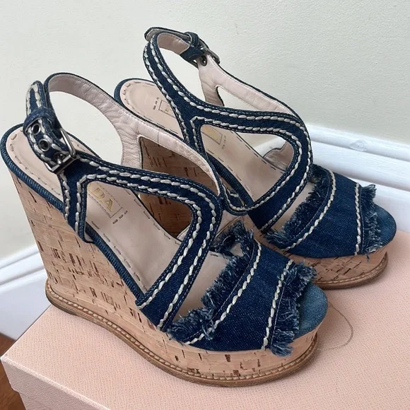 Prada | Denim Fringe Cork Wedges Size 37 Blue White Stitched - Picture 6 of 12